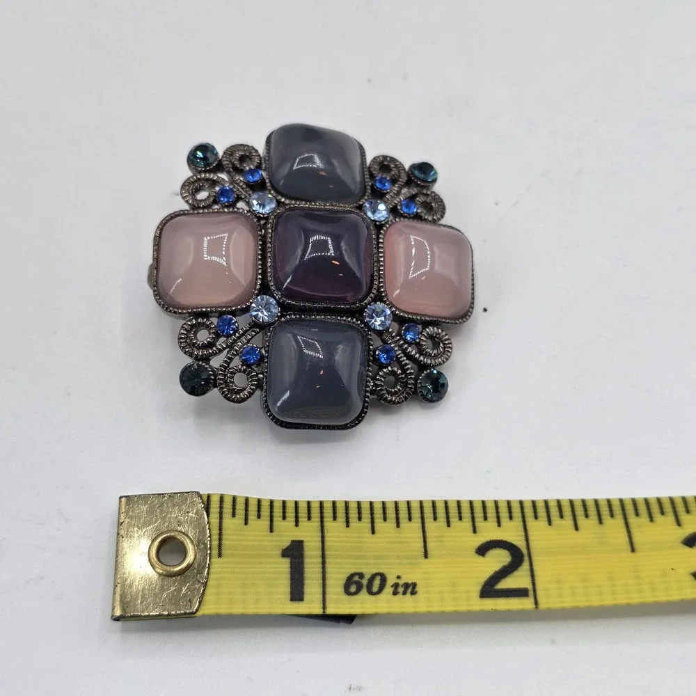 Gunmetal Pink Gray Cabochon Blue Rhinestone Filigree Brooch Pendant Statement